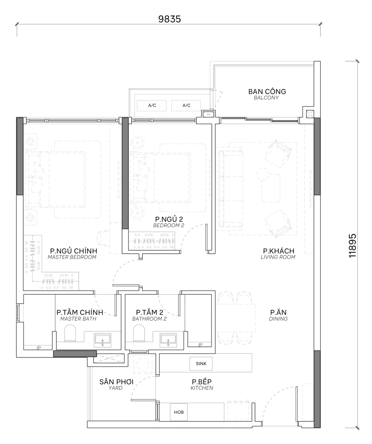 Orchard Collection — mặt bằng 2BR-A, NSA 91,4 m² / GFA 101,0 m²